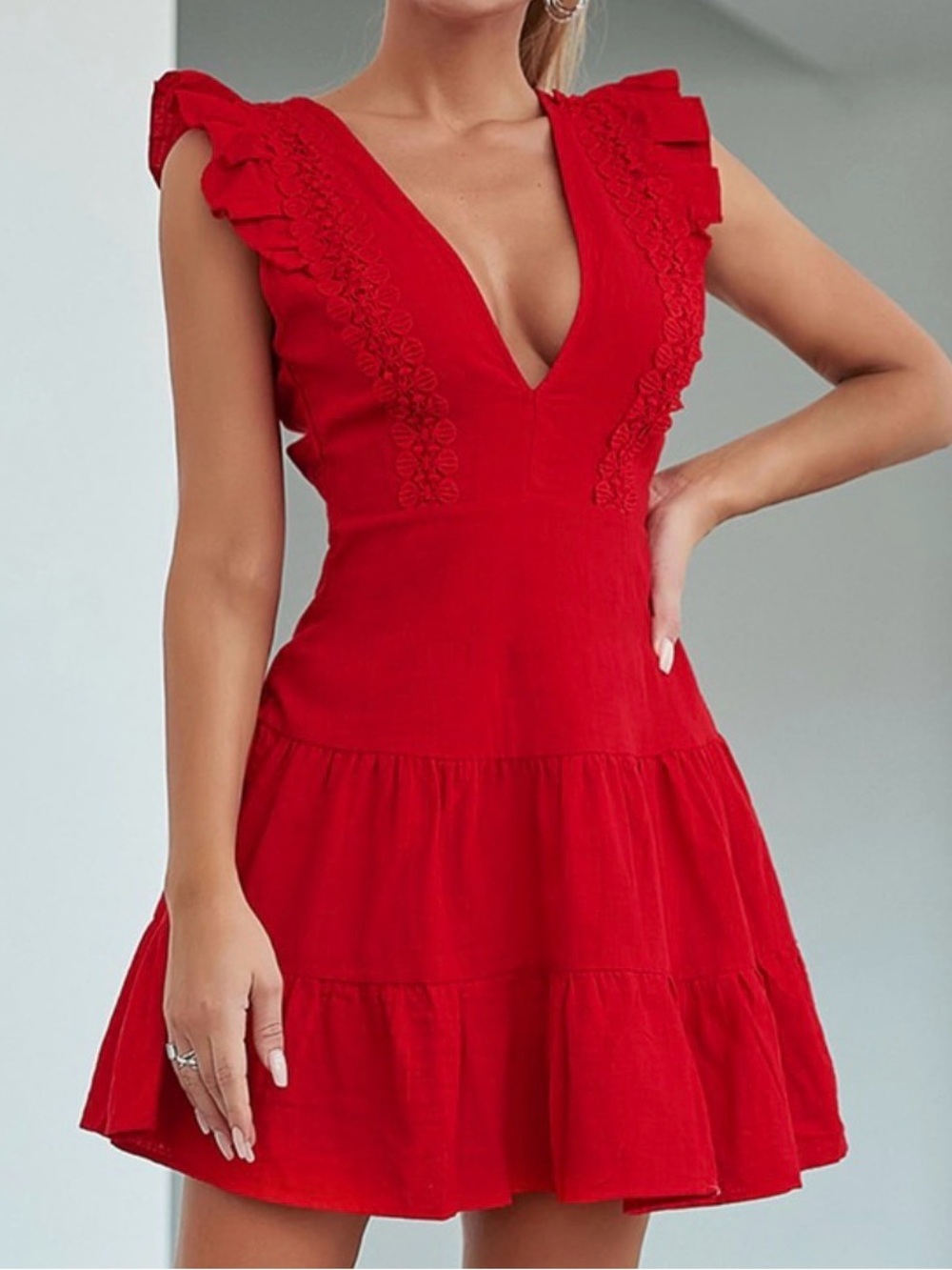 Double Crazy Red V-Neck Ruffle Sundress - Women’s Dress size Medium